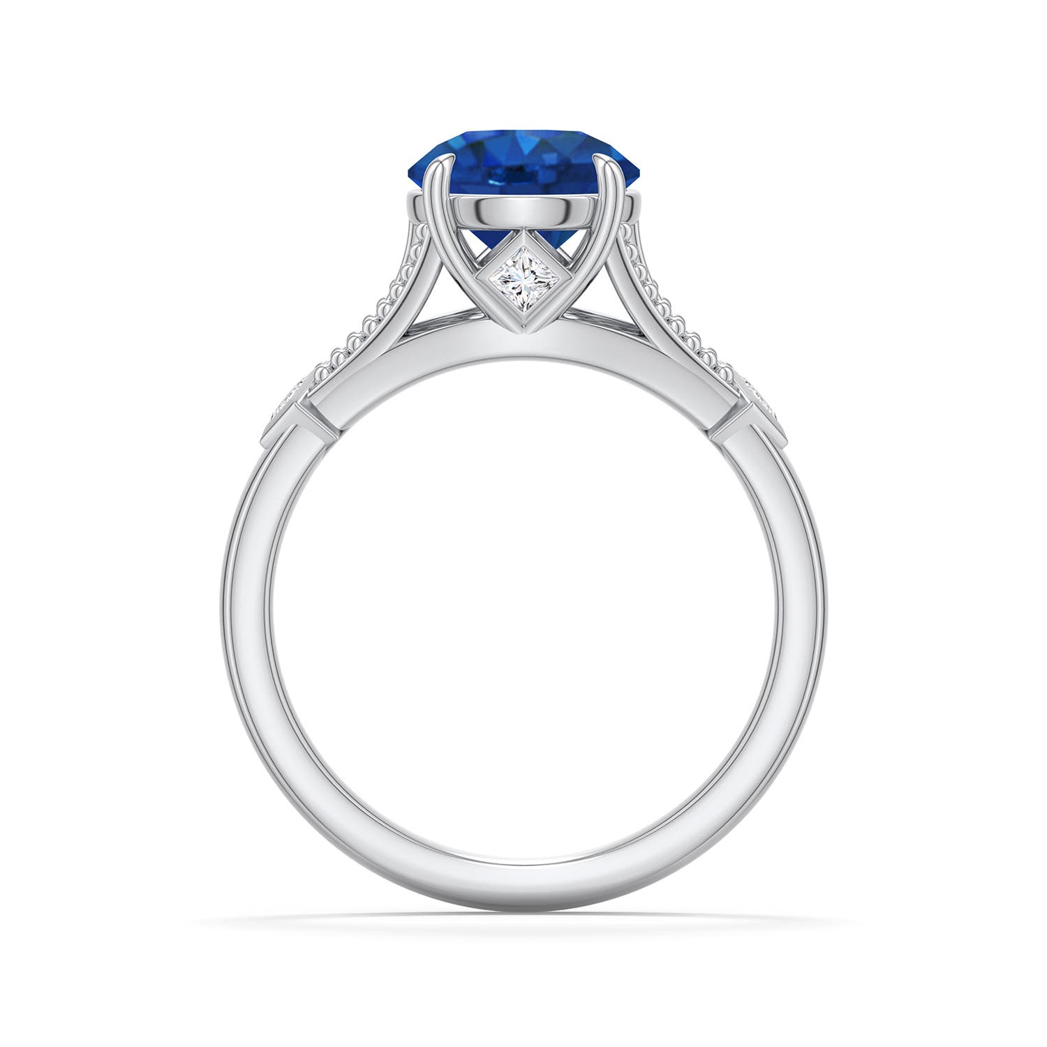 8mm AAA Round Blue Sapphire Cathedral Engagement Ring with Accents in White Gold - side 1