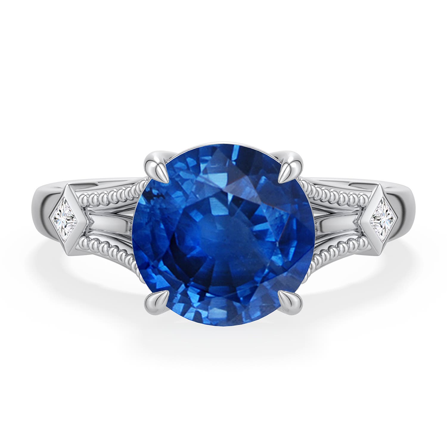 9mm AAA Round Blue Sapphire Cathedral Engagement Ring with Accents in White Gold - main