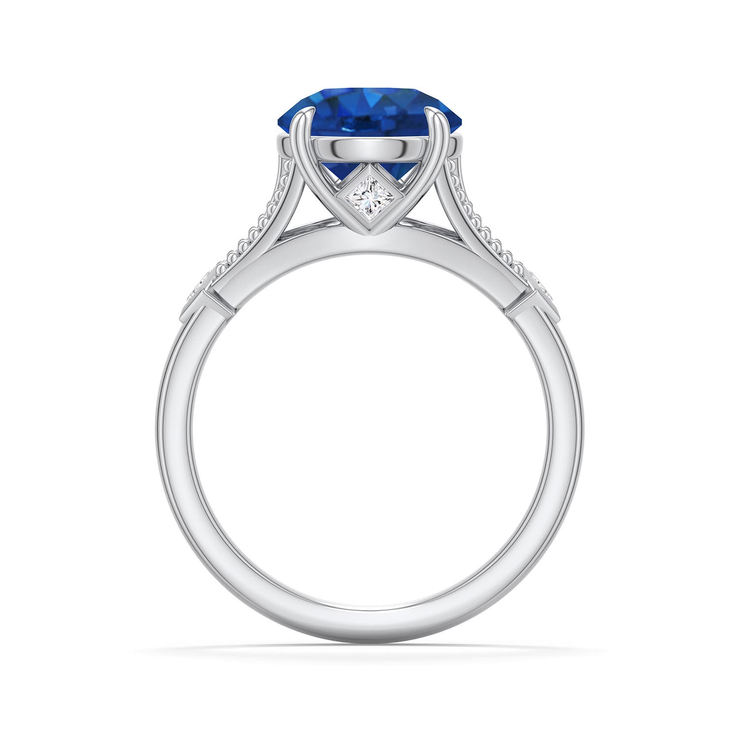 9mm AAA Round Blue Sapphire Cathedral Engagement Ring with Accents in White Gold - side 1