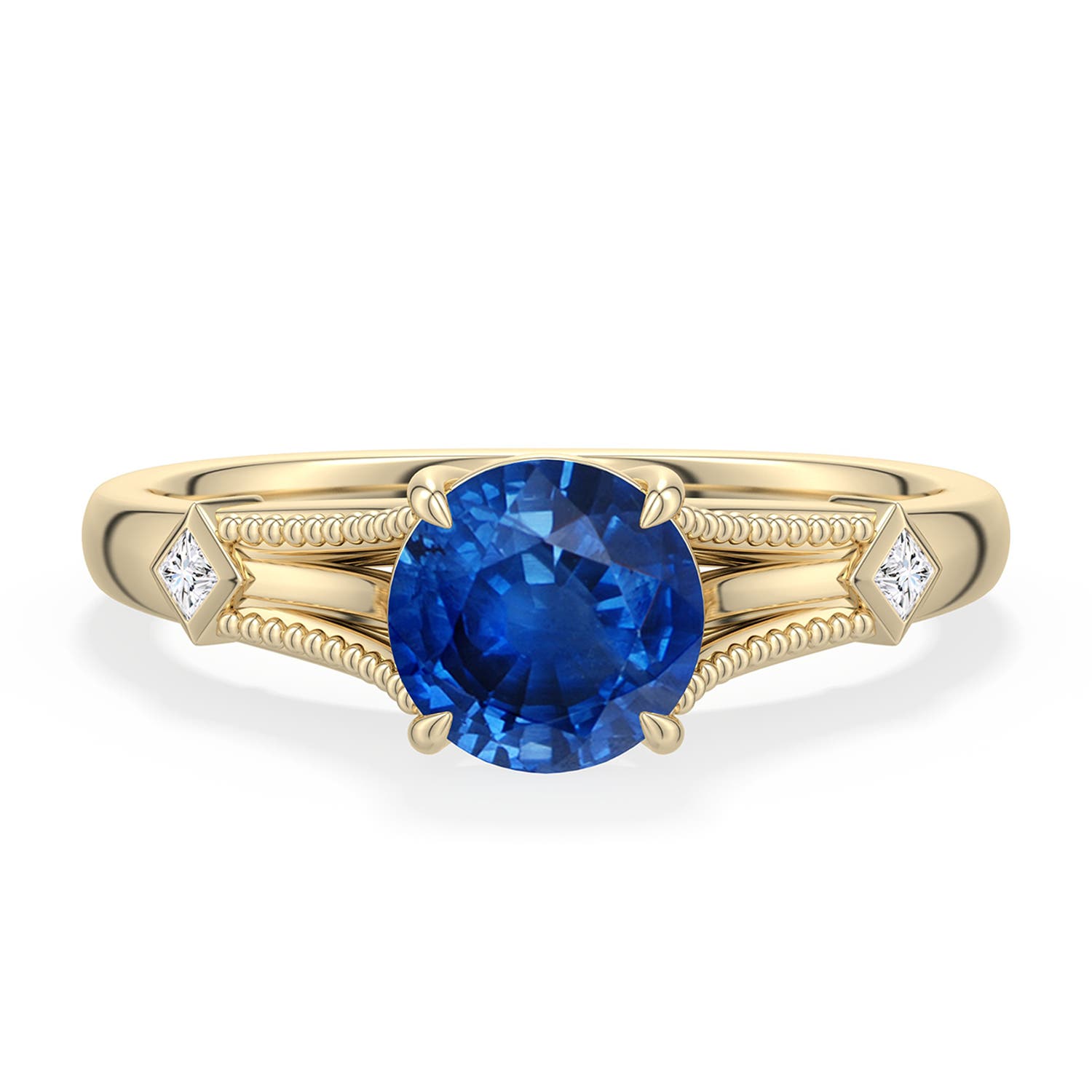 6.5mm AAA Round Blue Sapphire Cathedral Engagement Ring with Accents in 18K Yellow Gold - main