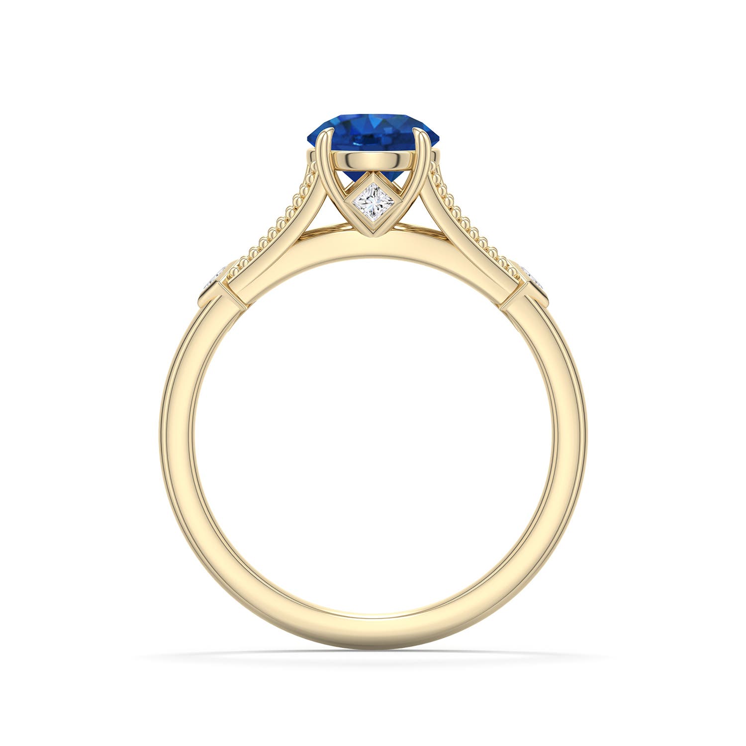 6.5mm AAA Round Blue Sapphire Cathedral Engagement Ring with Accents in 18K Yellow Gold - side 1