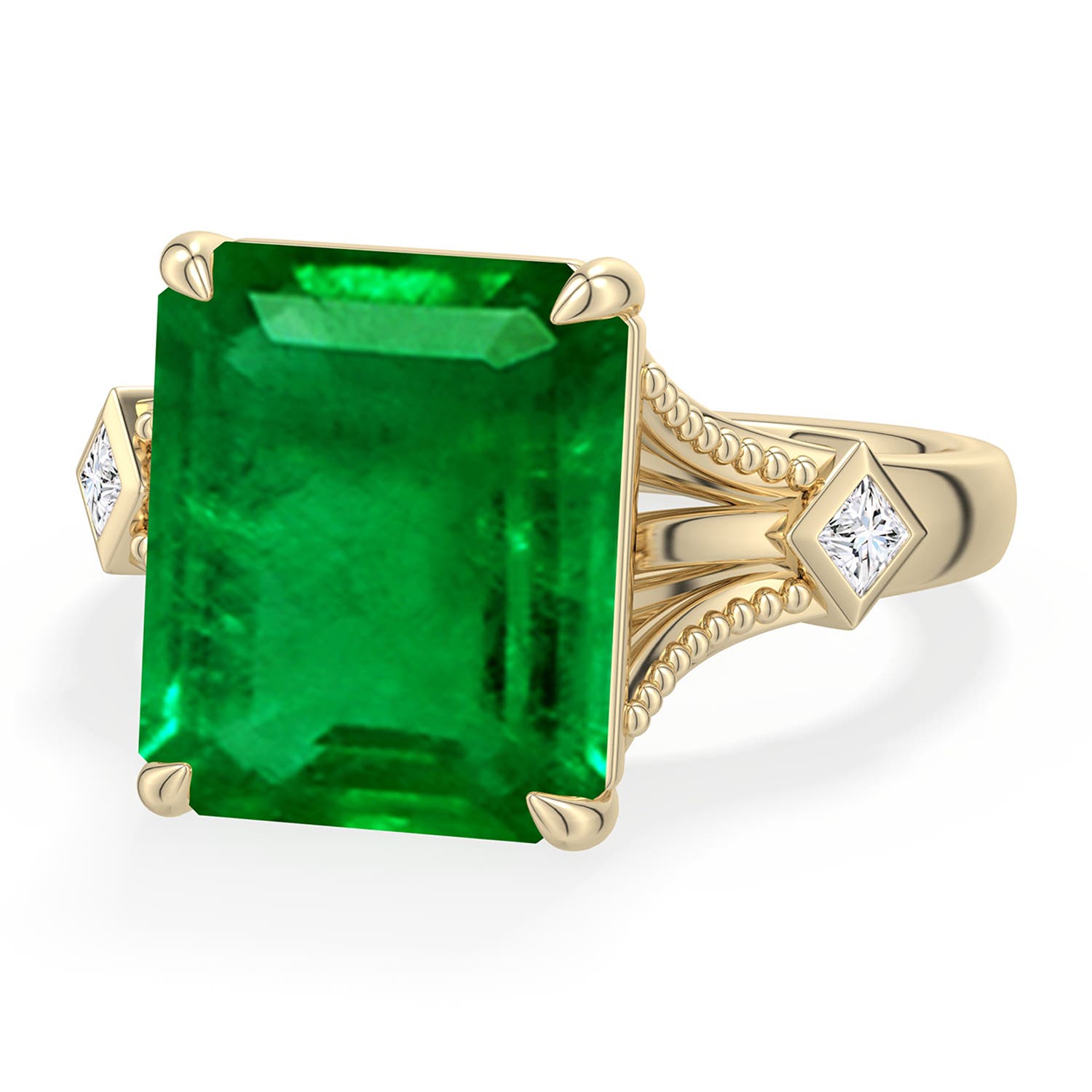 Angara 5.95 CTW Emerald-Cut Emerald Cathedral Engagement Ring with Accents in 18K Yellow Gold