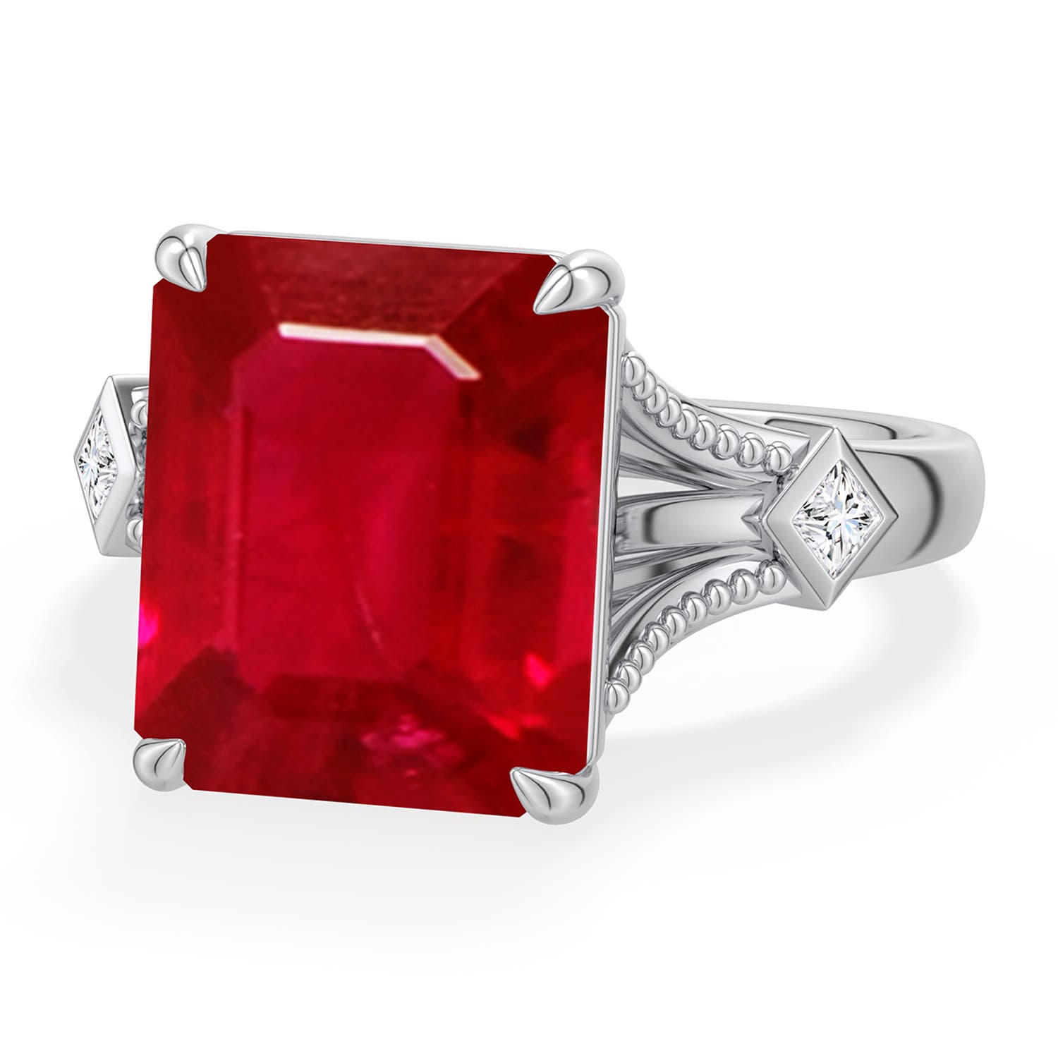 Angara 6.45 CTW Emerald-Cut Ruby Cathedral Engagement Ring with Accents in 14K White Gold