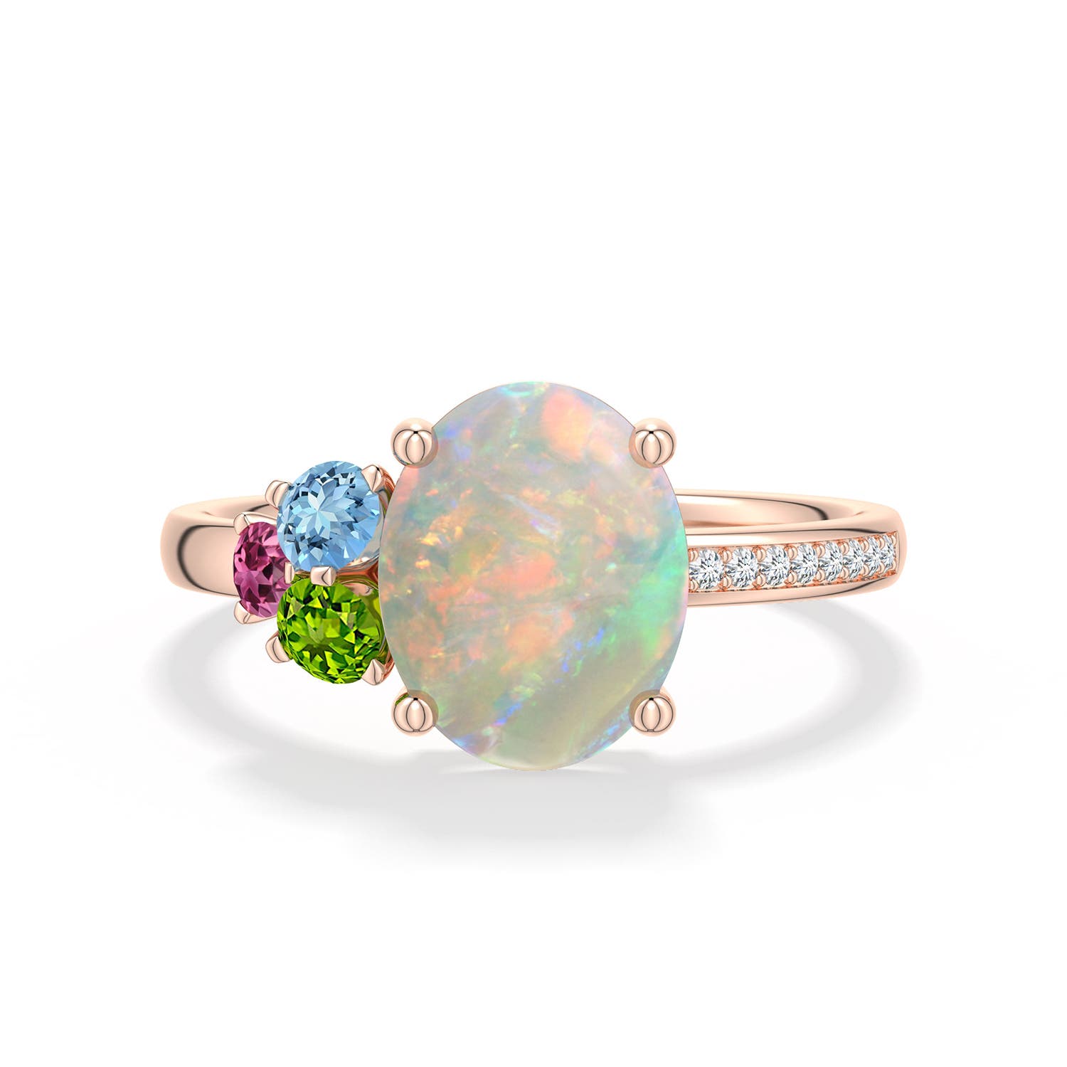 10x8mm AAAA Oval Opal Ring with Multi-Gemstone Cluster in Rose Gold - main