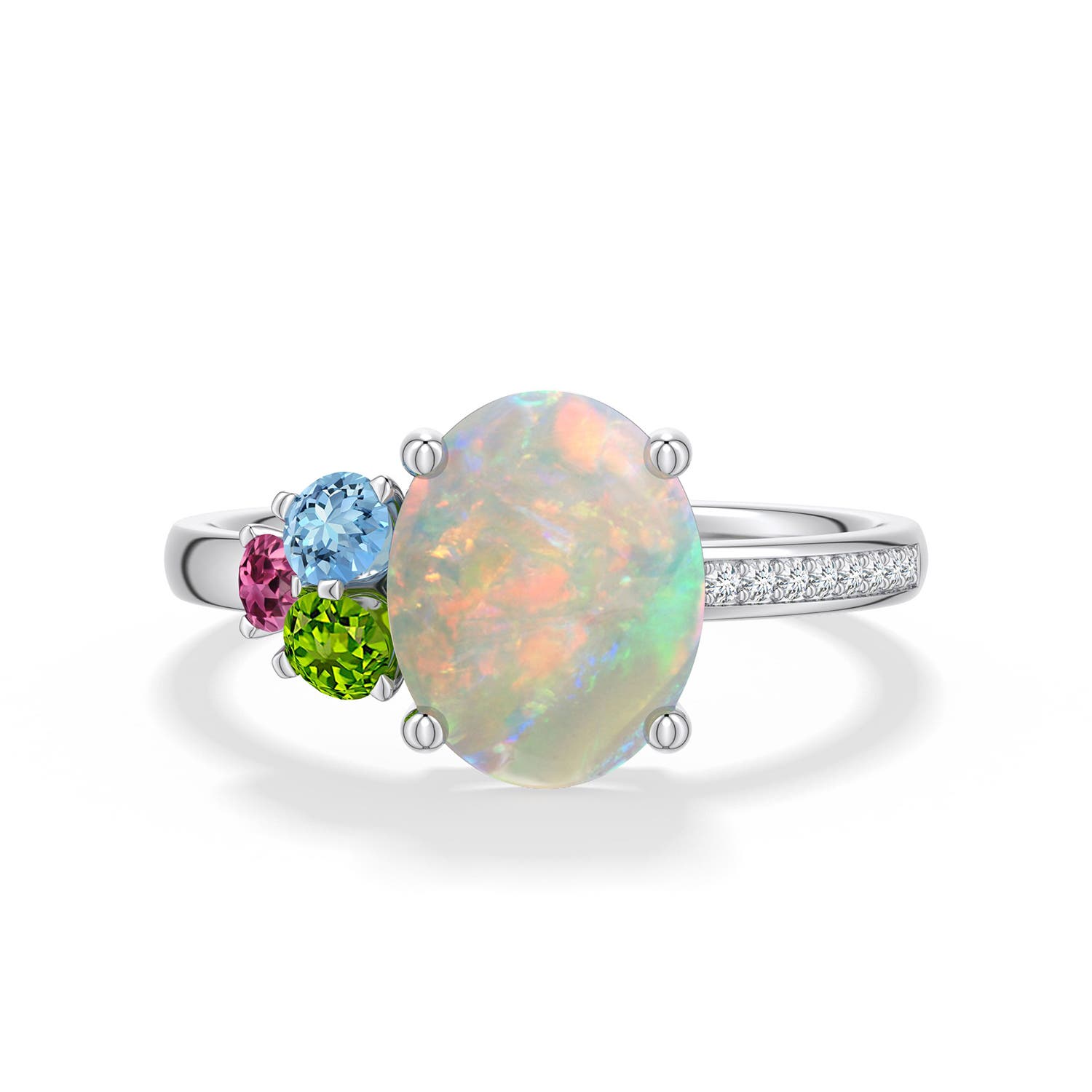 10x8mm AAAA Oval Opal Ring with Multi-Gemstone Cluster in White Gold - main