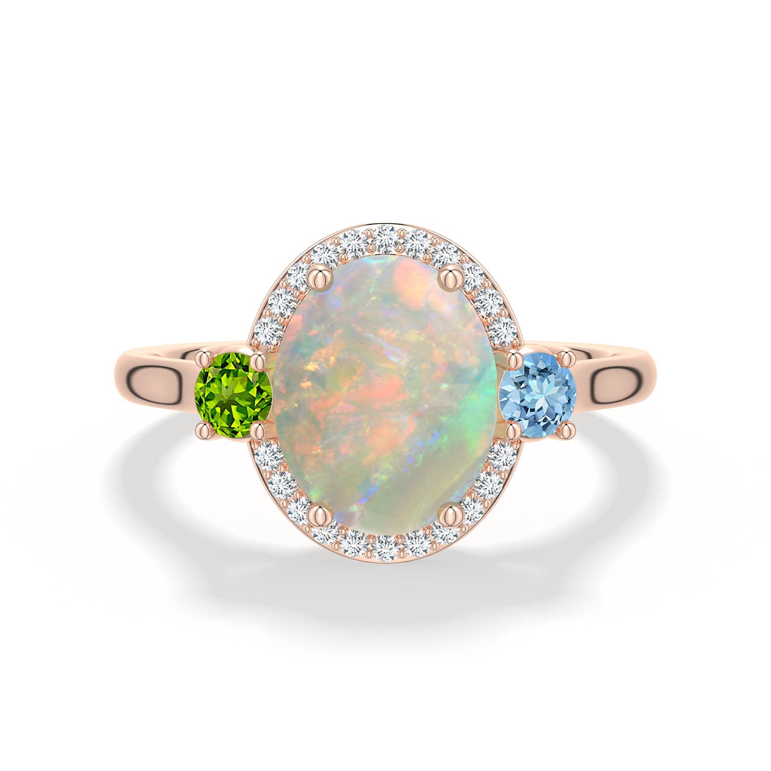 10x8mm AAAA Oval Opal Halo Ring with Aquamarine and Peridot in Rose Gold - main