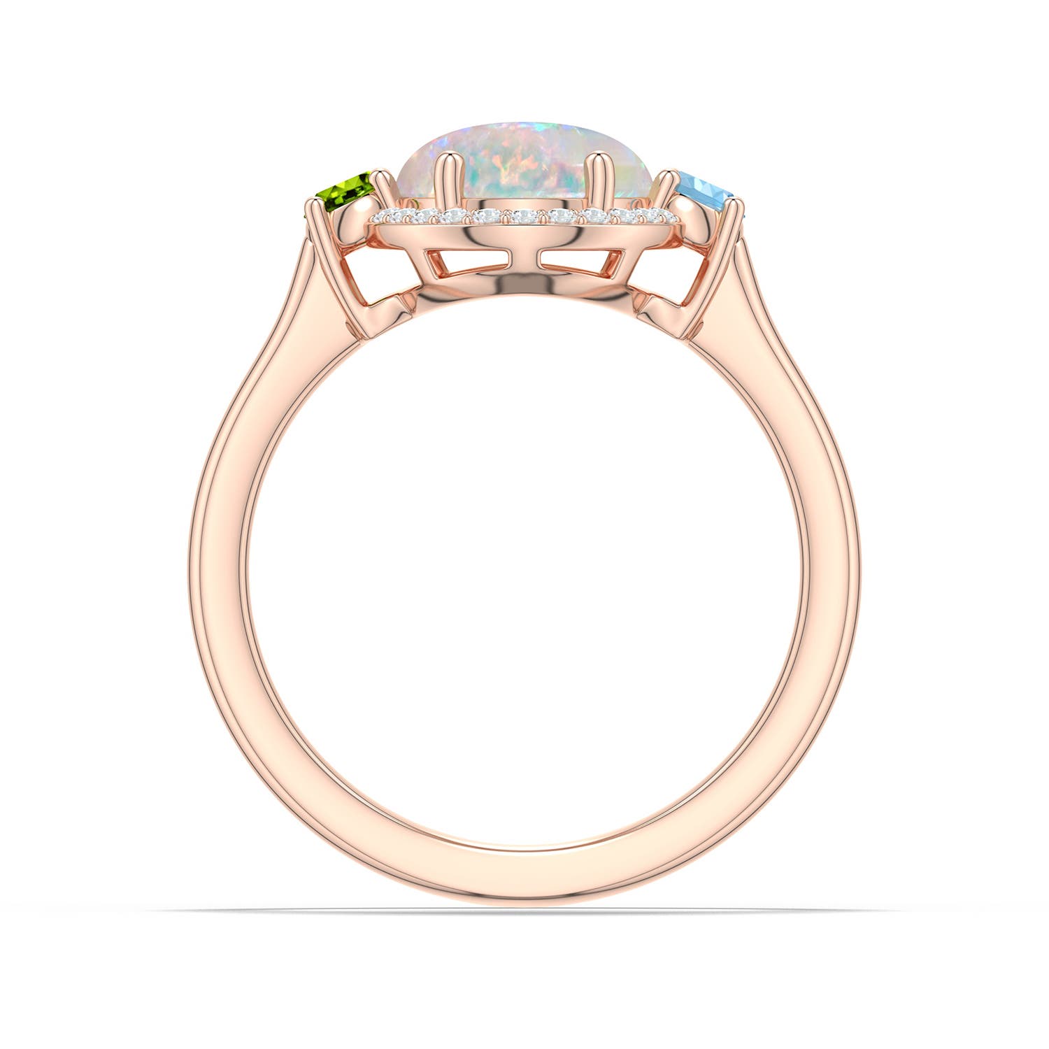 10x8mm AAAA Oval Opal Halo Ring with Aquamarine and Peridot in Rose Gold - side 1