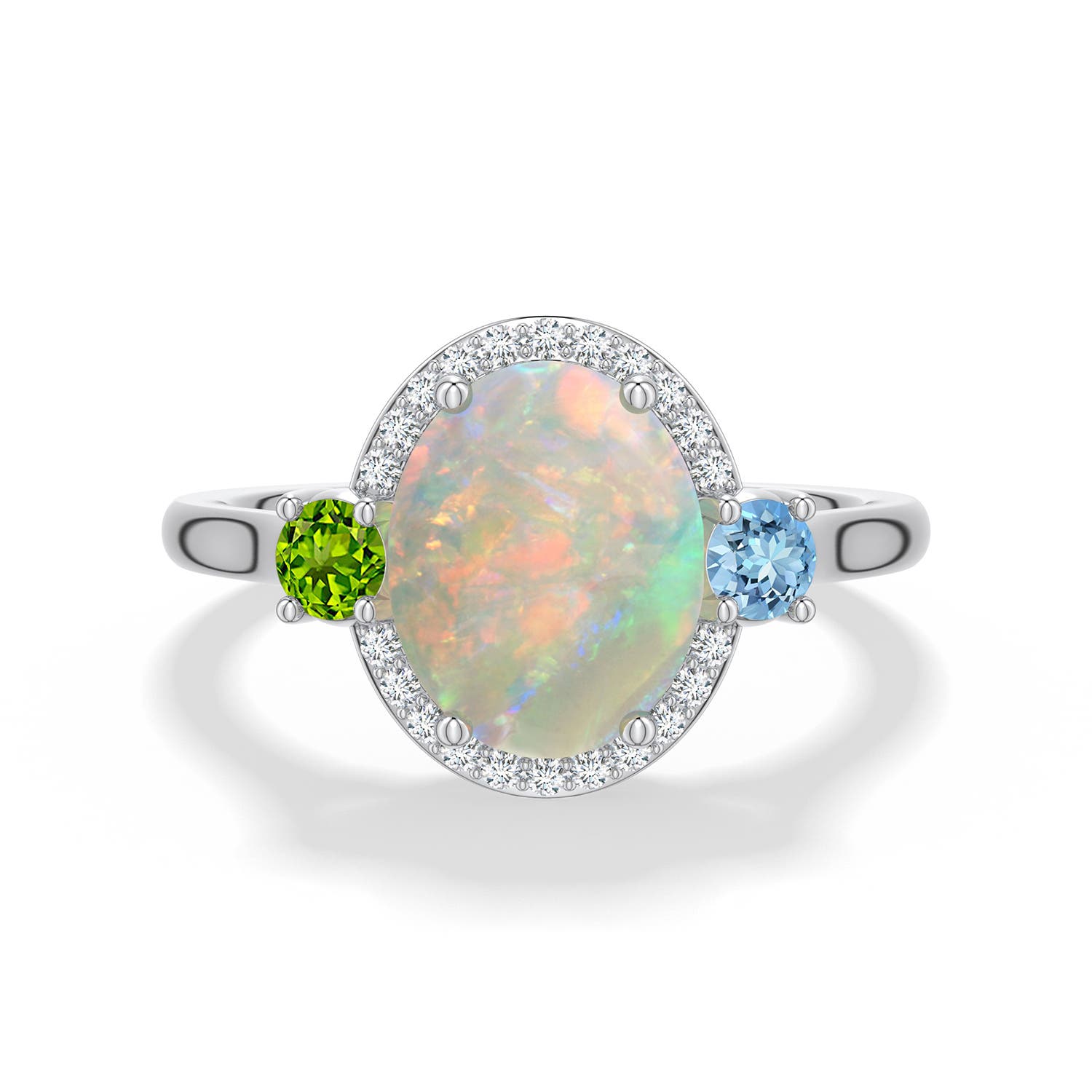10x8mm AAAA Oval Opal Halo Ring with Aquamarine and Peridot in White Gold - main