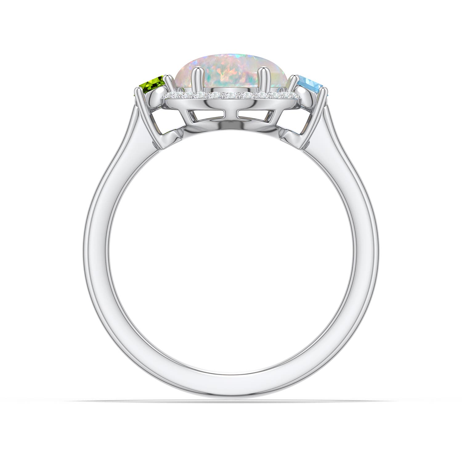 10x8mm AAAA Oval Opal Halo Ring with Aquamarine and Peridot in White Gold - side 1