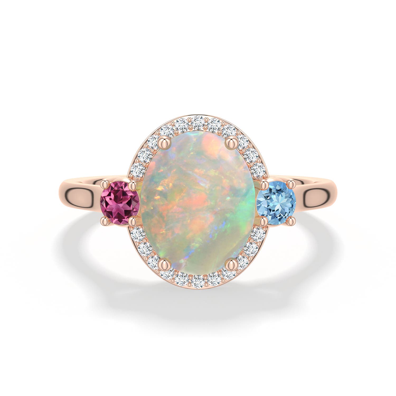 10x8mm AAAA Oval Opal Halo Ring with Aquamarine and Pink Tourmaline in Rose Gold - main
