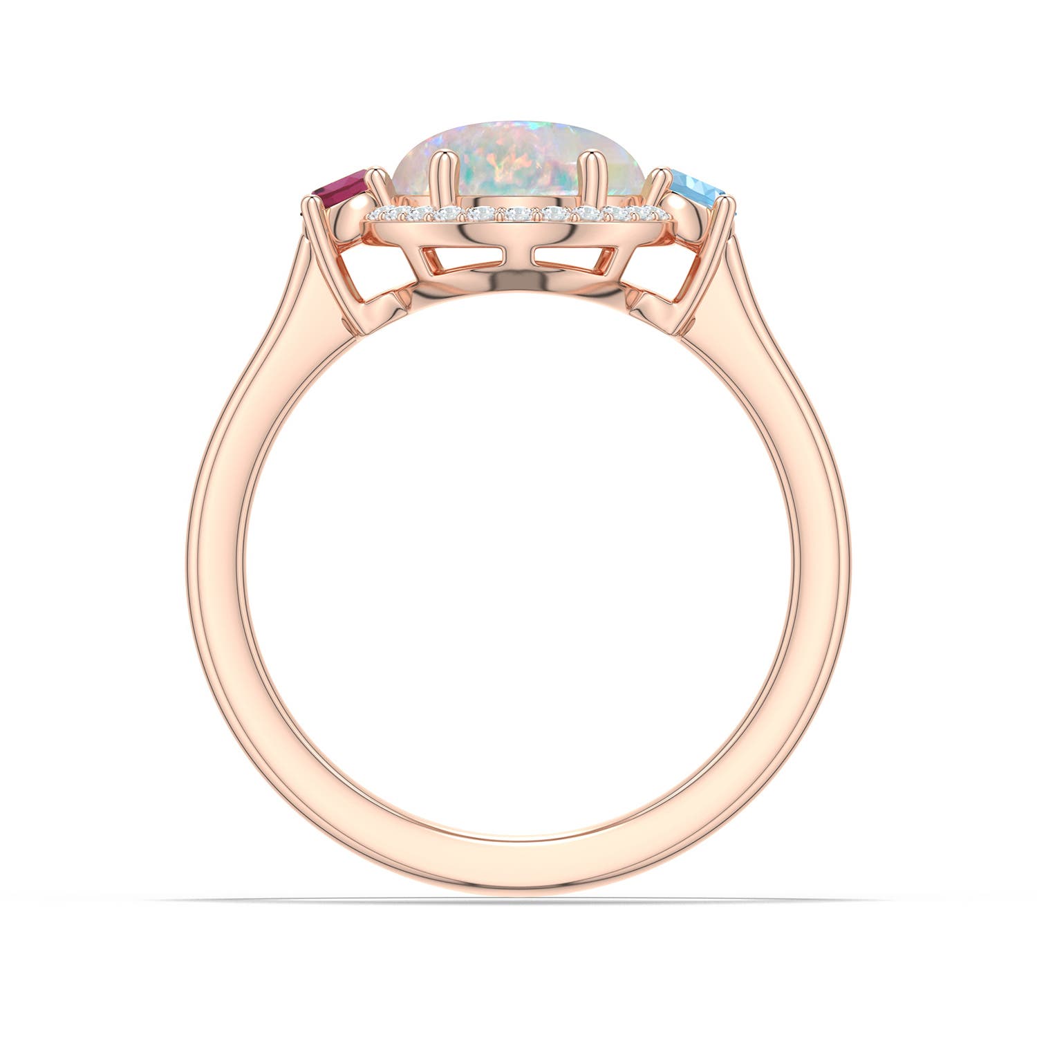 10x8mm AAAA Oval Opal Halo Ring with Aquamarine and Pink Tourmaline in Rose Gold - side 1