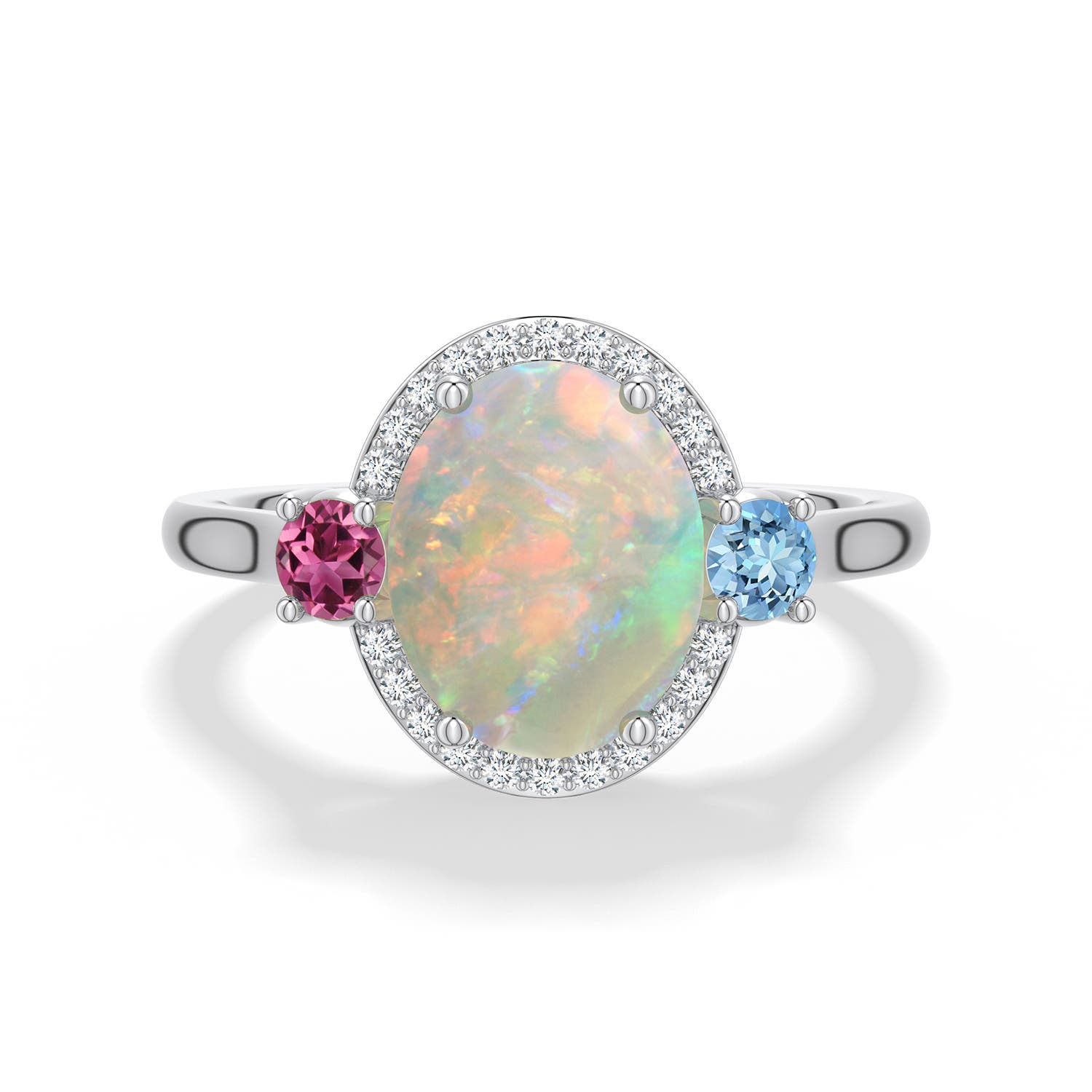 10x8mm AAAA Oval Opal Halo Ring with Aquamarine and Pink Tourmaline in White Gold - main