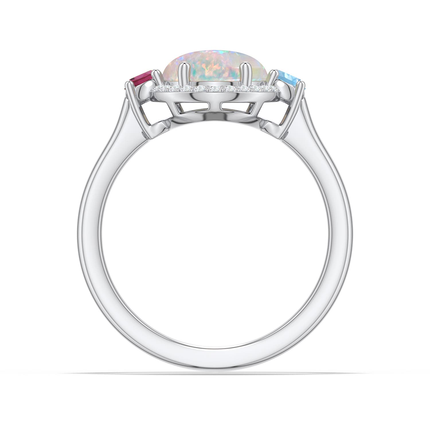 10x8mm AAAA Oval Opal Halo Ring with Aquamarine and Pink Tourmaline in White Gold - side 1