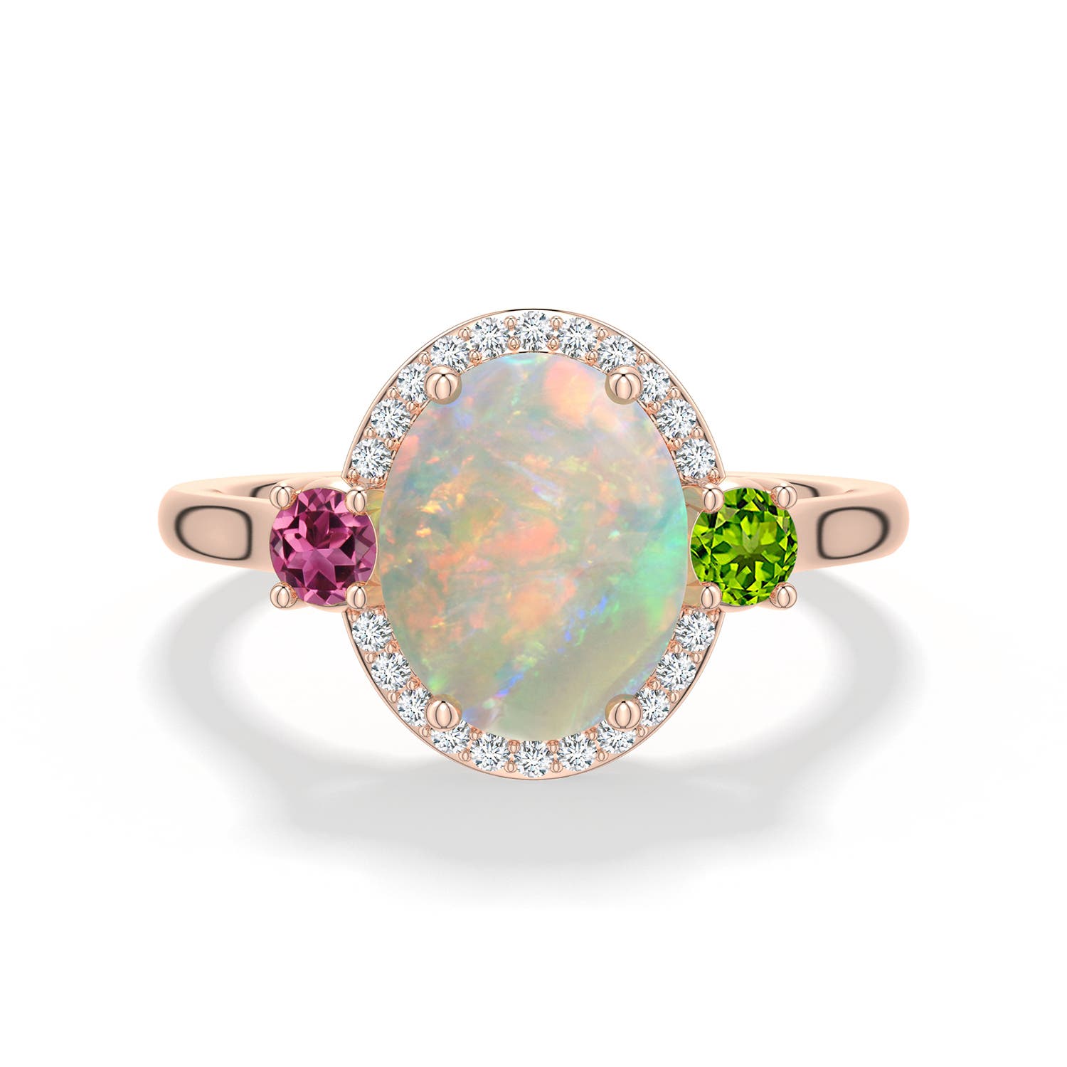 10x8mm AAAA Oval Opal Halo Ring with Peridot and Pink Tourmaline in Rose Gold - main
