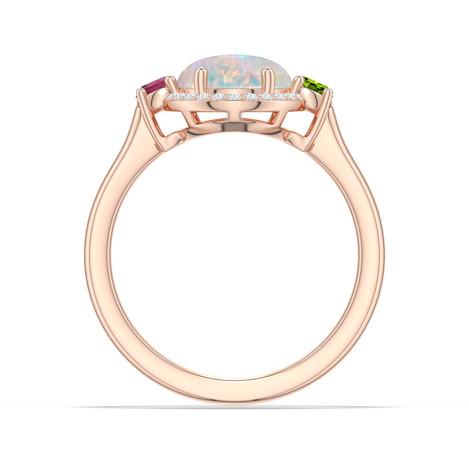 10x8mm AAAA Oval Opal Halo Ring with Peridot and Pink Tourmaline in Rose Gold - side 1