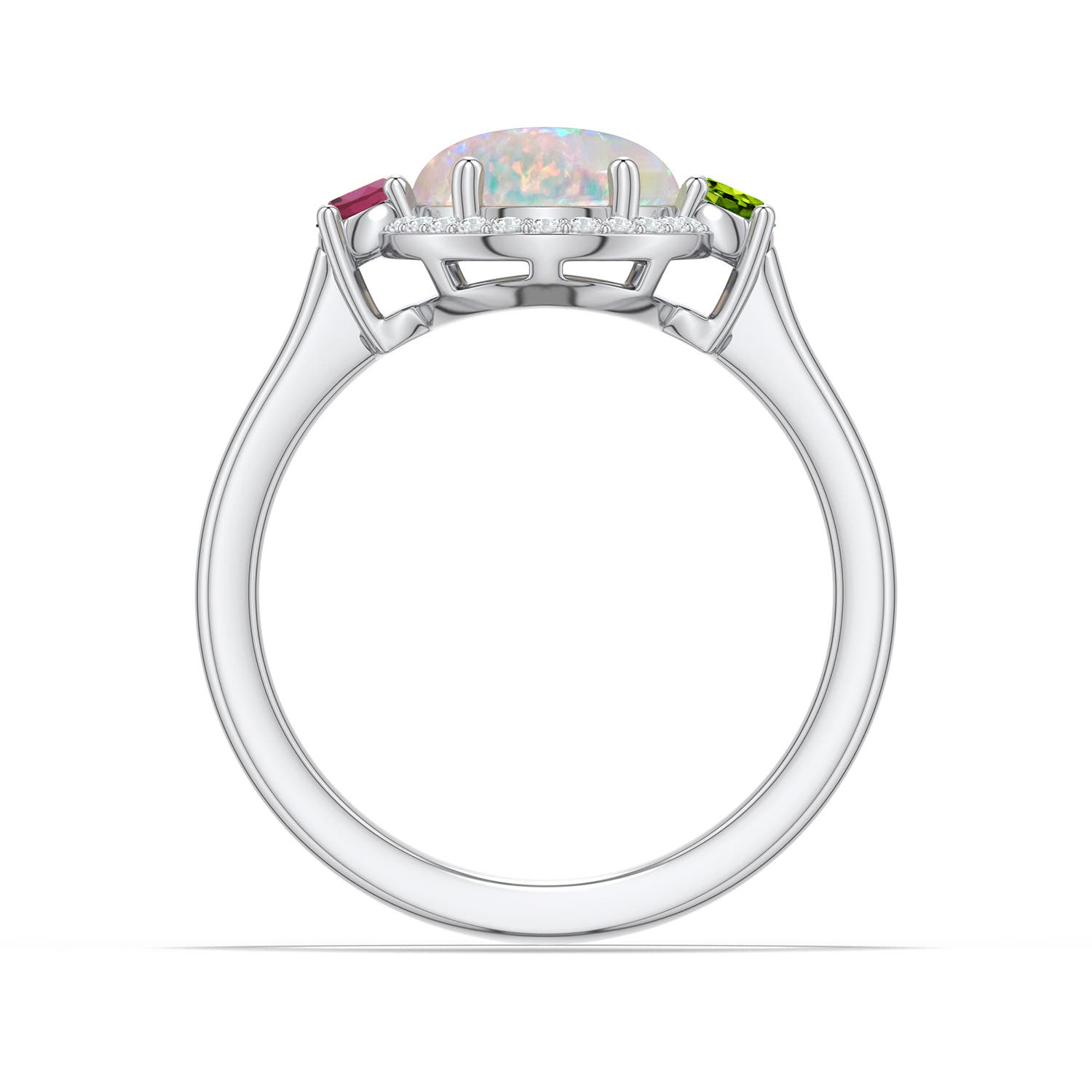 10x8mm AAAA Oval Opal Halo Ring with Peridot and Pink Tourmaline in White Gold - side 1
