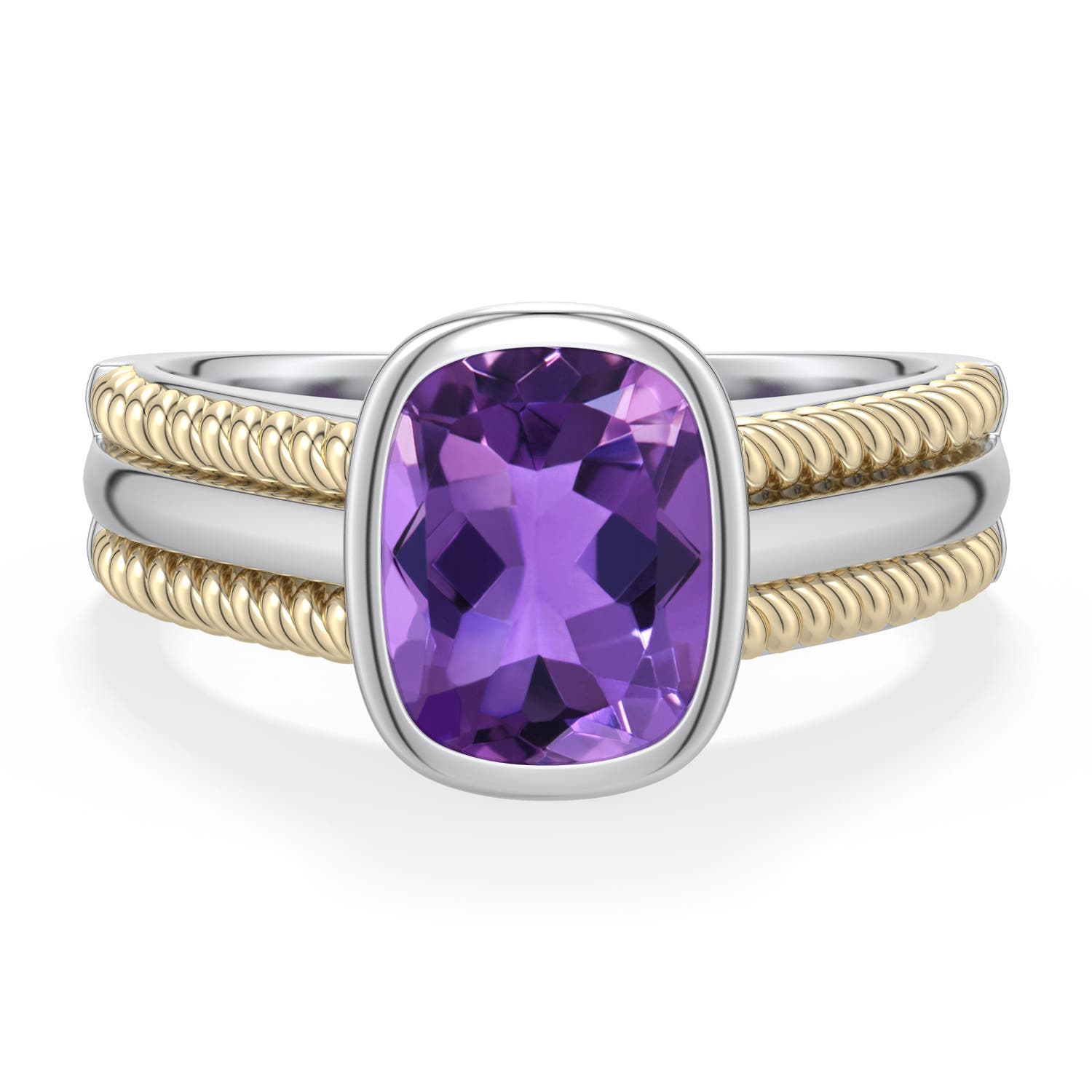 9x7mm AAA Sterling Silver and 18K Yellow Gold Cushion Rectangular Amethyst Solitaire Ring in 999-18K Mixed Metal - main