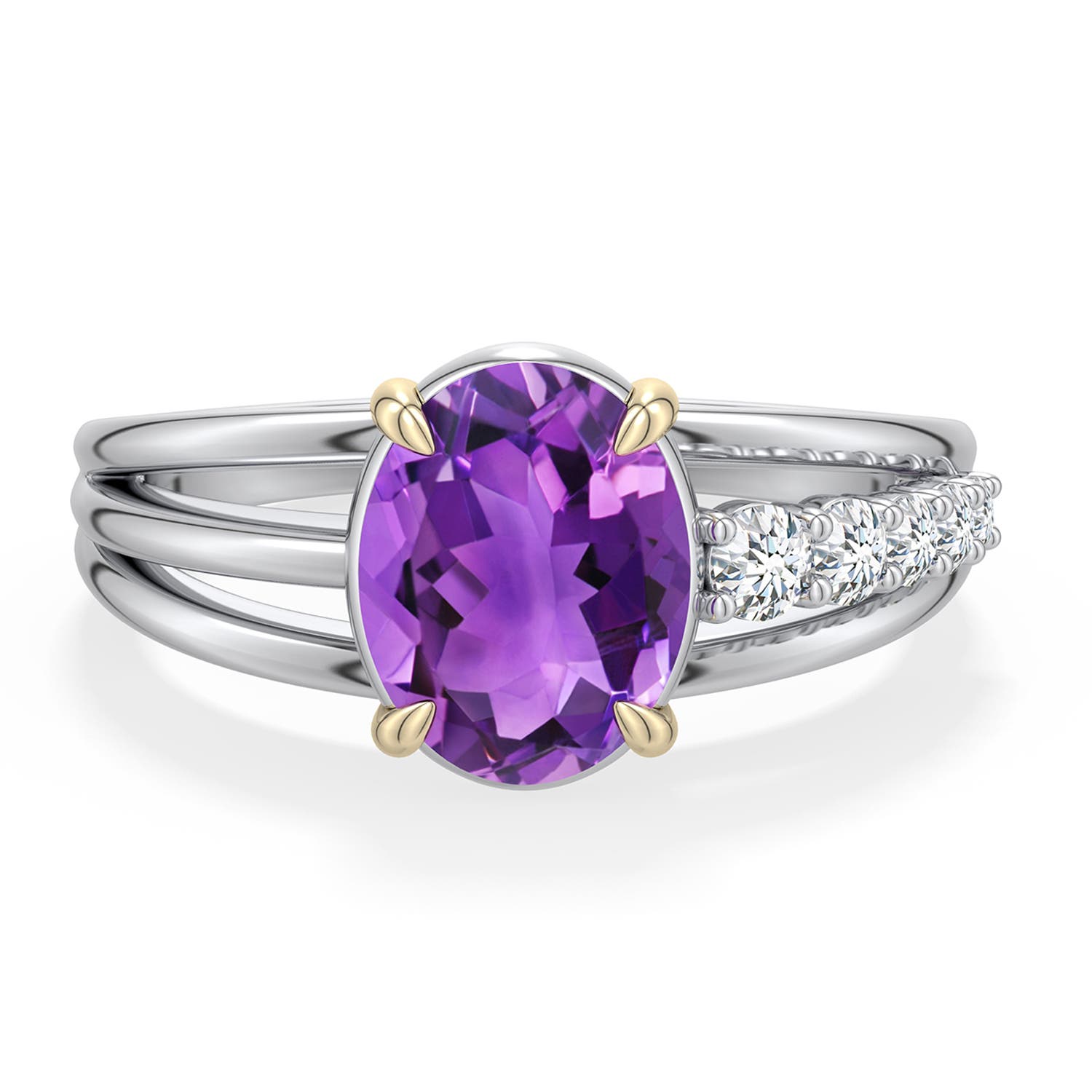 9x7mm AAA Sterling Silver and 18K Yellow Gold Oval Amethyst Ring with Diamonds in 999-18K Mixed Metal - main