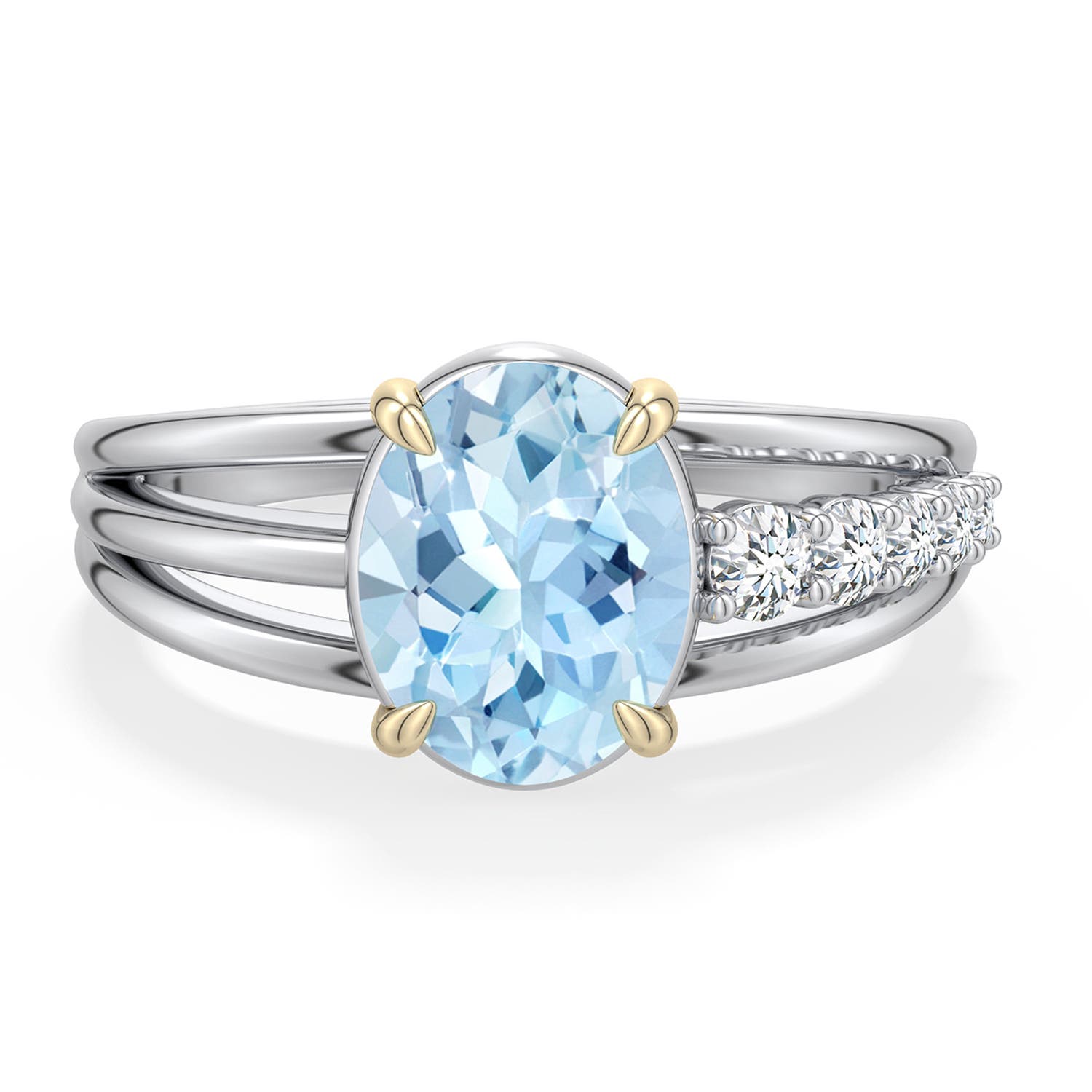 9x7mm AAA Sterling Silver and 18K Yellow Gold Oval Aquamarine Ring with Diamonds in 999-18K Mixed Metal - main
