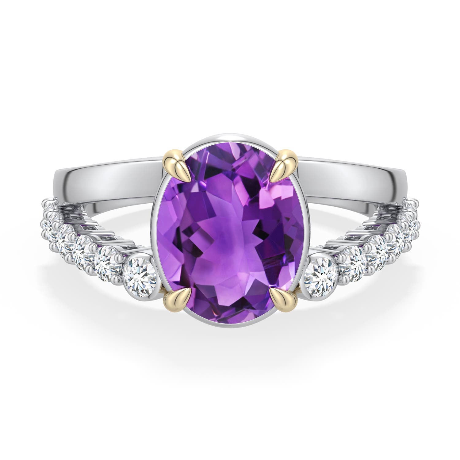 Sterling Silver and 18K Yellow Gold Oval Amethyst Split Shank Ring