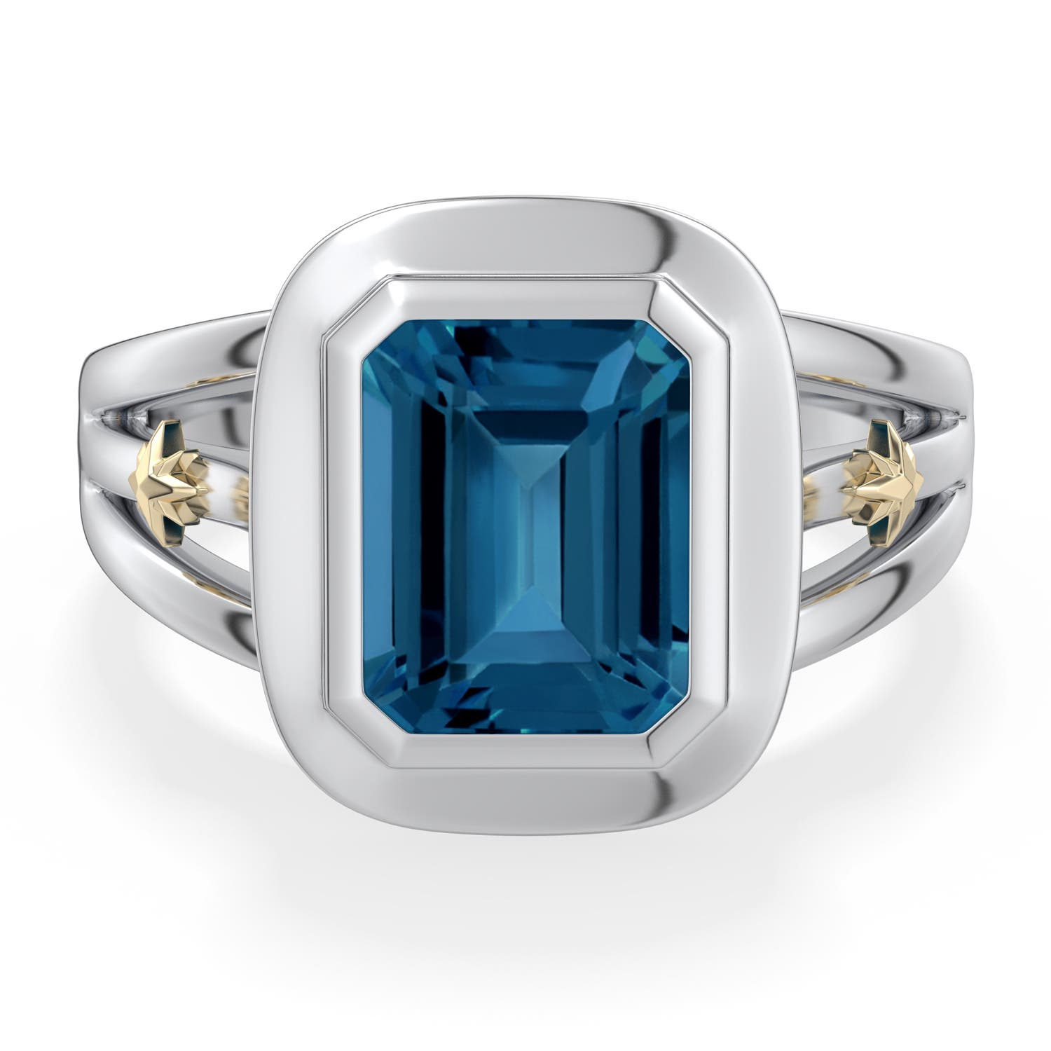 9x7mm AAA Sterling Silver and 18K Yellow Gold Emerald-Cut London Blue Topaz Ring in 999-18K Mixed Metal - main