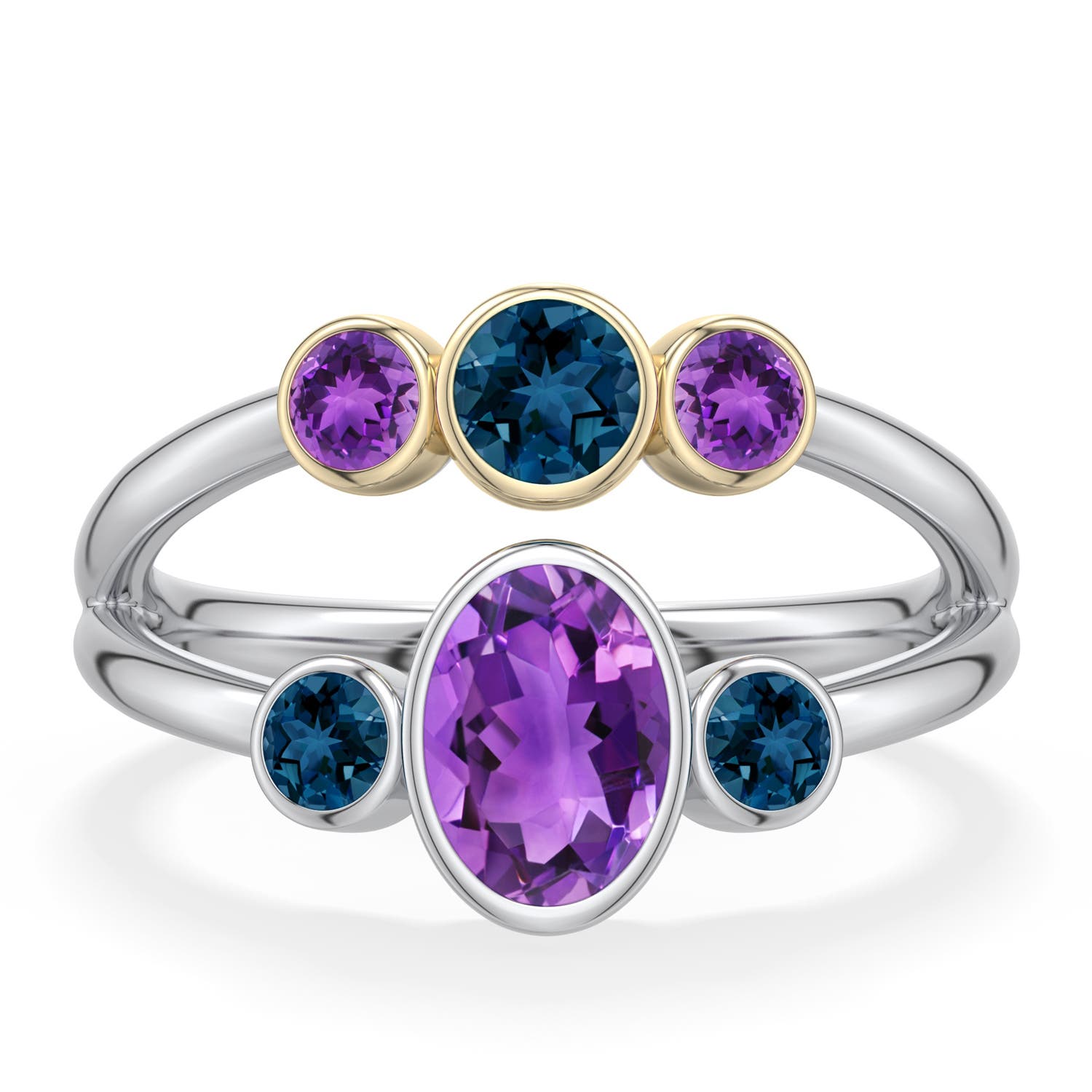 7x5mm AAA Sterling Silver and 18K Yellow Gold Oval Amethyst and London Blue Topaz Ring in 999-18K Mixed Metal - main