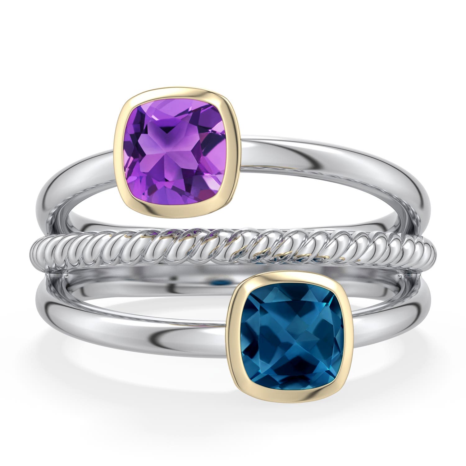 5mm AAA Sterling Silver and 18K Yellow Gold Cushion Amethyst and London Blue Topaz Ring in 999-18K Mixed Metal - main