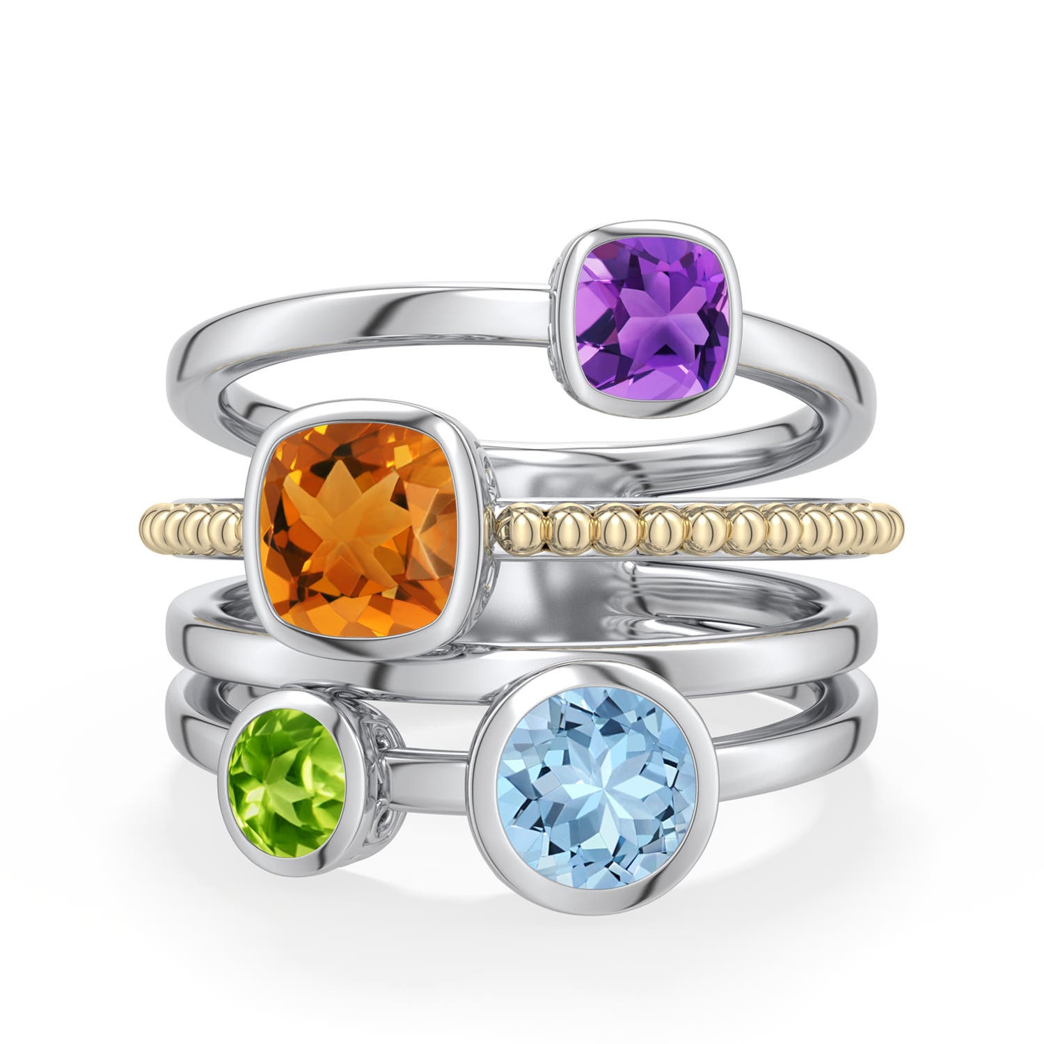 6mm AAA Sterling Silver and 18K Yellow Gold Cushion and Round Multi-Gemstone Ring in 999-18K Mixed Metal - main