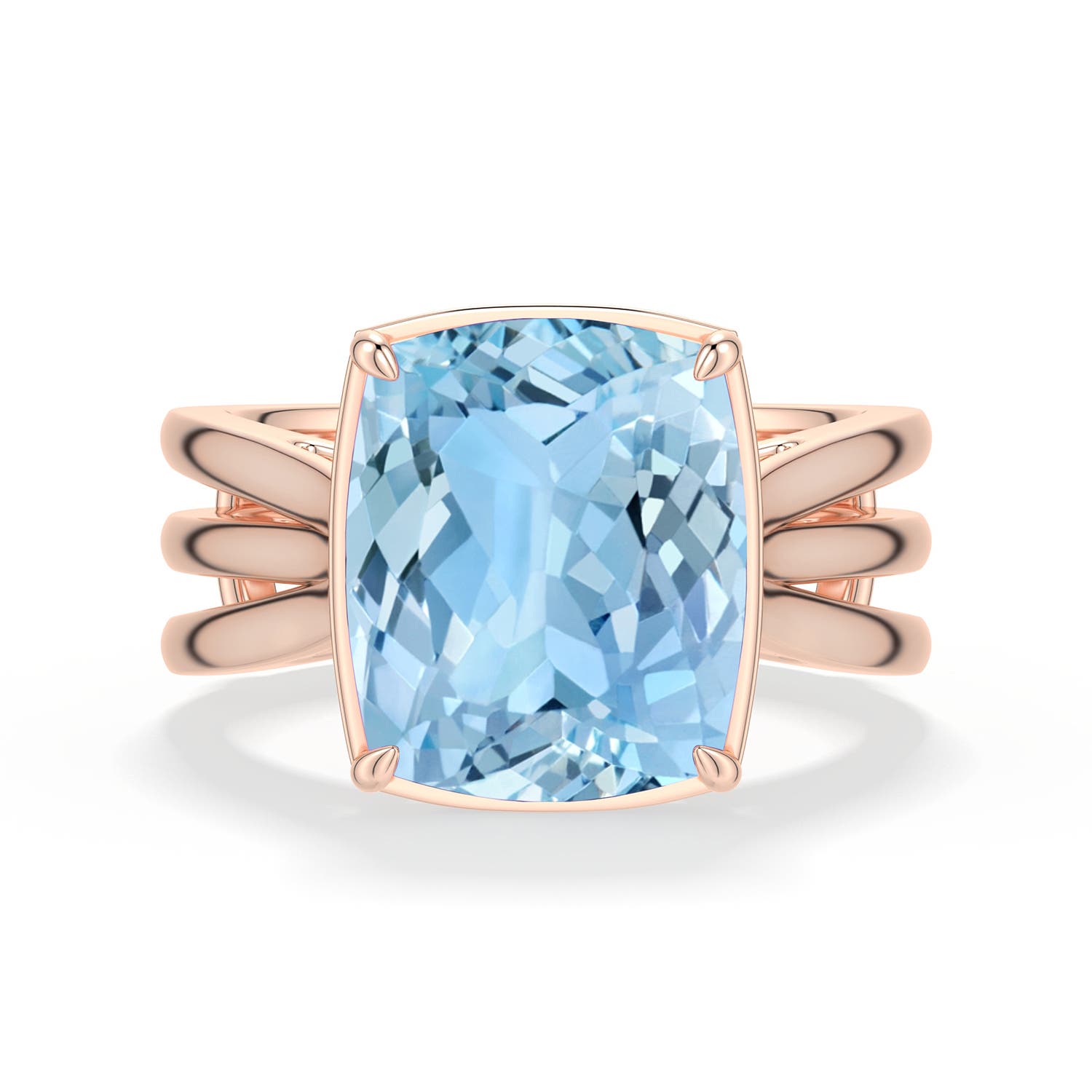 12x10mm AAAA Cushion Rectangular Aquamarine Triple Split Shank Ring in 18K Rose Gold - main