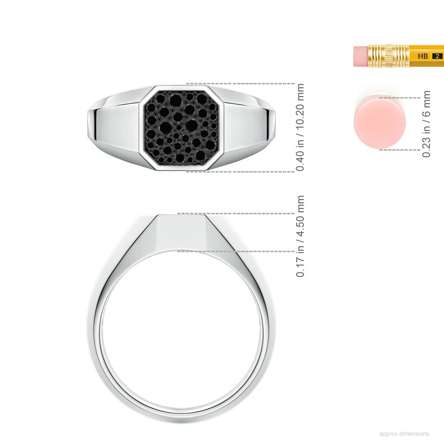 2mm AA Pavé-Set Enhanced Black Diamond Men’s Octagon Signet Ring in S999 Silver - ruler