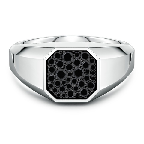 2mm AA Pavé-Set Enhanced Black Diamond Men’s Octagon Signet Ring in White Gold