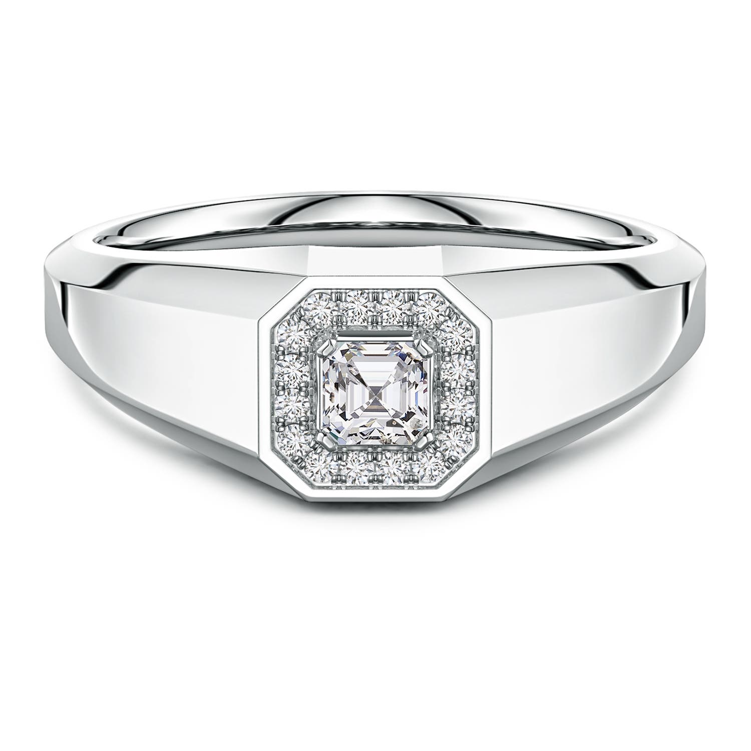 3.5mm HSI2 Asscher-Cut Diamond Halo Men's Octagon Signet Ring in S999 Silver