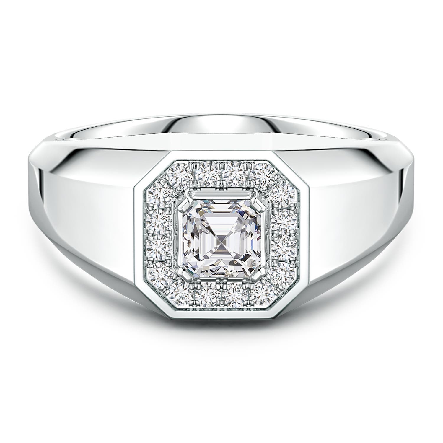 4.5mm HSI2 Asscher-Cut Diamond Halo Men's Octagon Signet Ring in S999 Silver