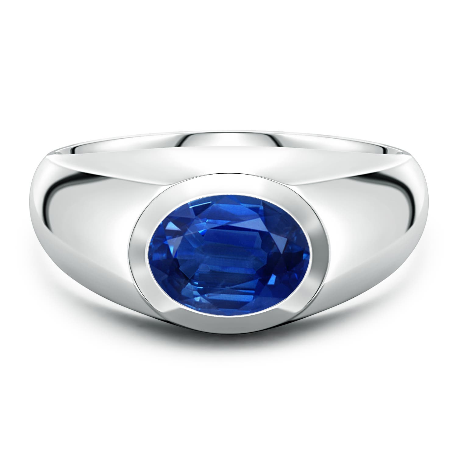 9x7mm AAA East-West Oval Blue Sapphire men's Signet Ring in White Gold