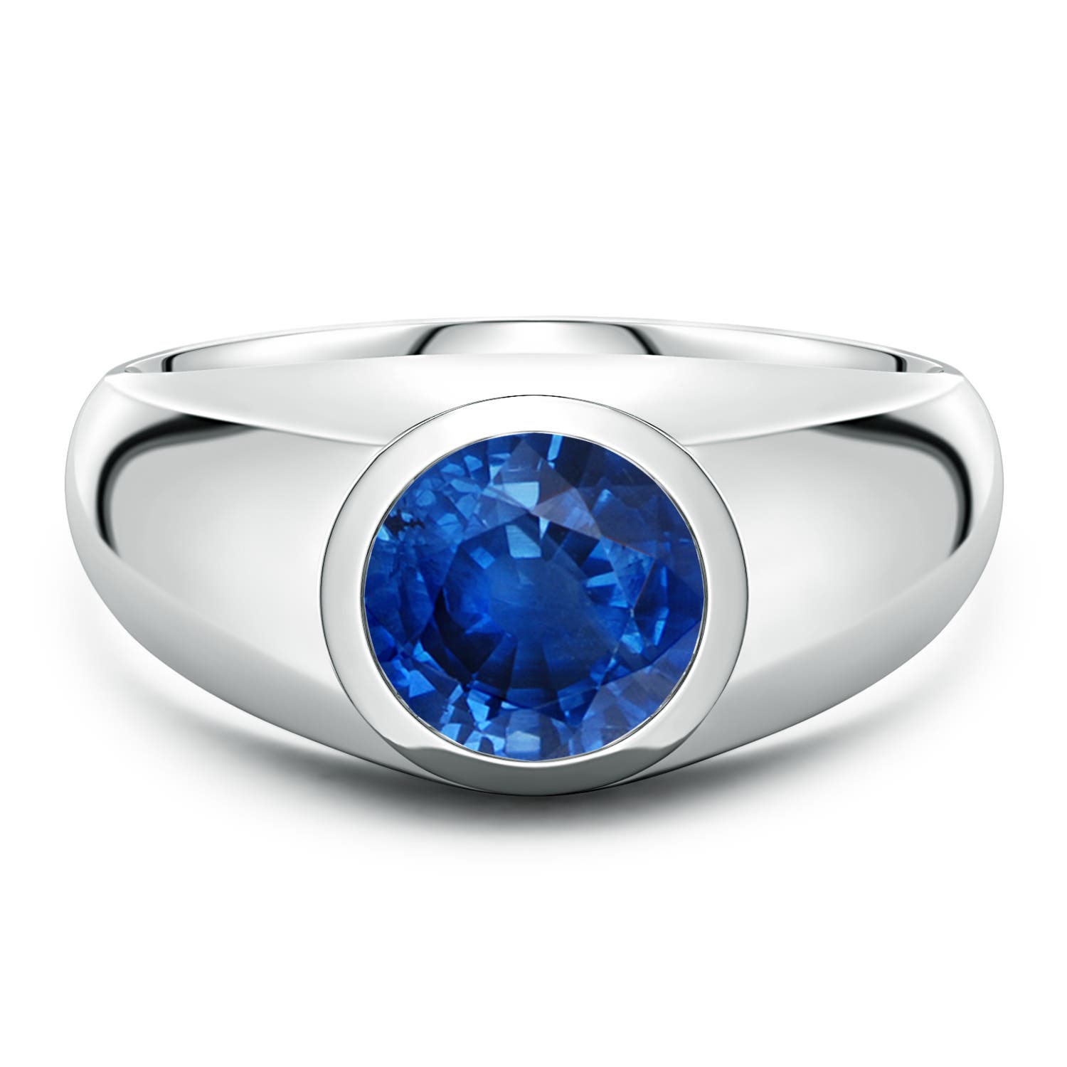 8mm AAA Round Blue Sapphire men's Signet Ring in White Gold