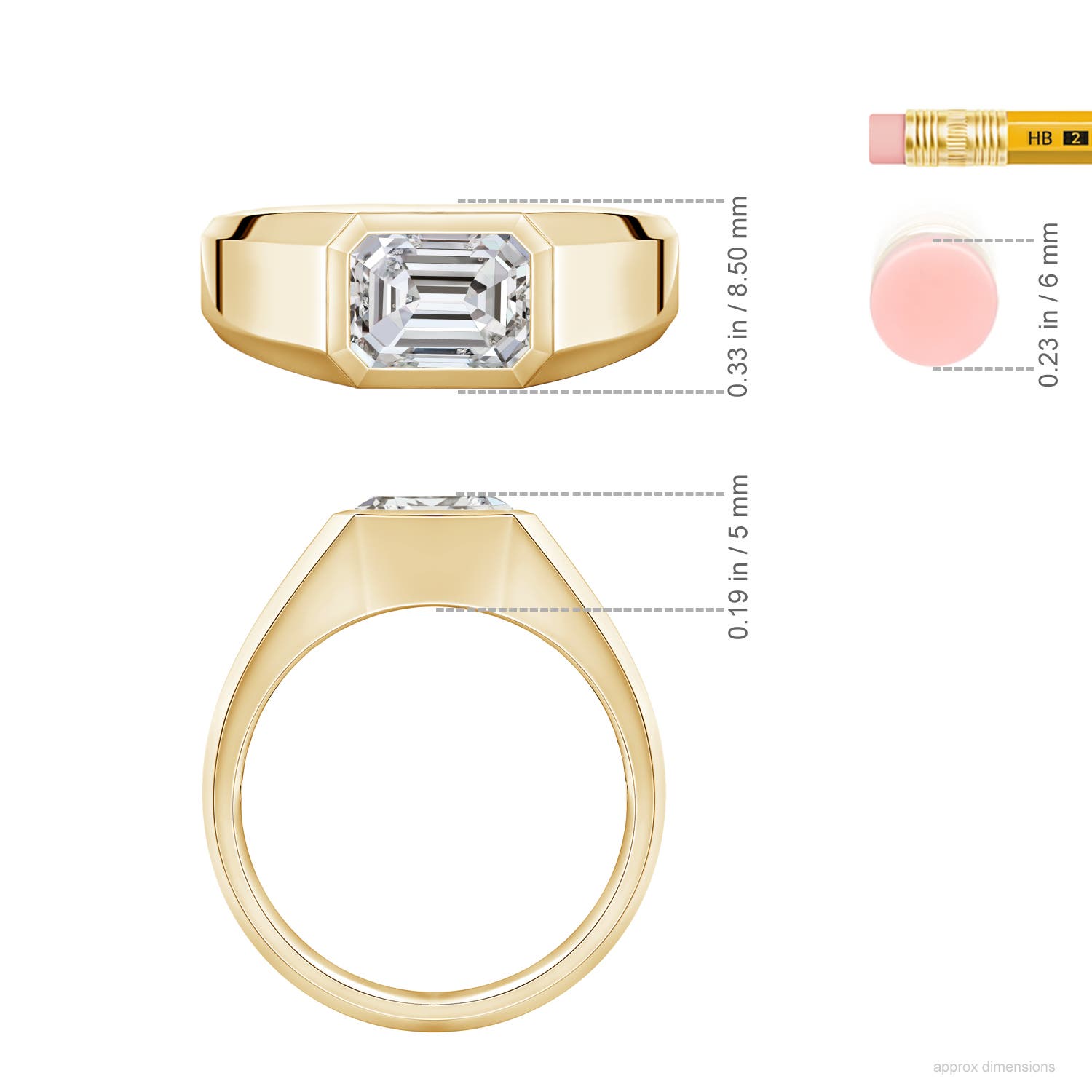8.5x6.5mm IJI1I2 East-West Emerald-Cut Diamond Men's Signet Ring in Yellow Gold - ruler