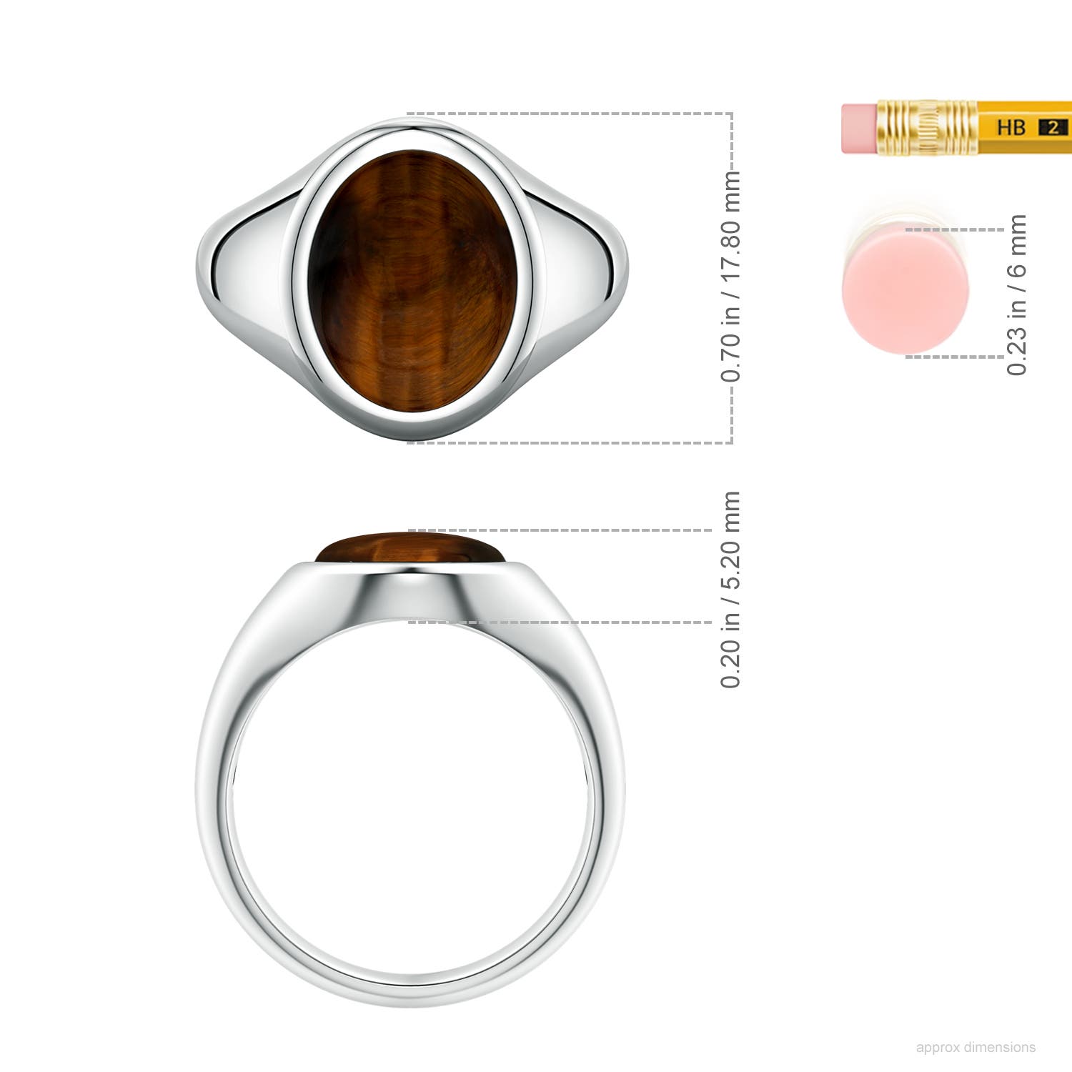 14x11mm AAA Oval Tiger's Eye Men’s Signet Ring in S999 Silver - ruler