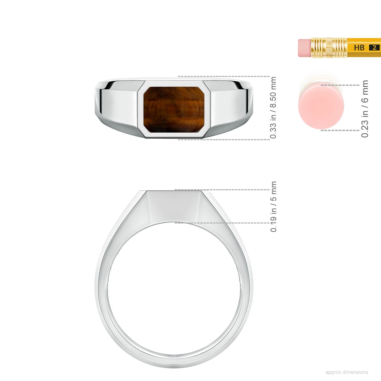 8x6mm AAA Emerald-Cut Tiger's Eye Men's Signet Ring in S999 Silver - ruler