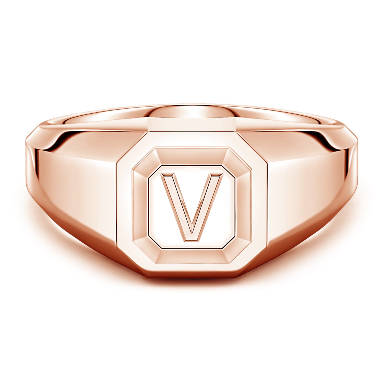 Men's Capital 'V' Octagon Signet Ring in Rose Gold