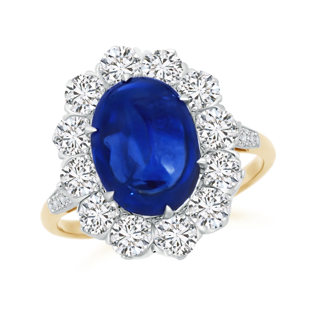 11x8mm AAAA Vintage Style Oval Cabochon Sapphire Ring with Diamond Halo in 18K Yellow Gold