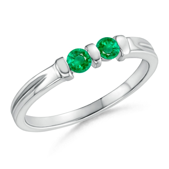 3mm AAA Round Two Stone Emerald Ring with Bar Setting in White Gold