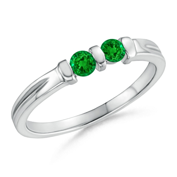 3mm AAAA Round Two Stone Emerald Ring with Bar Setting in S999 Silver