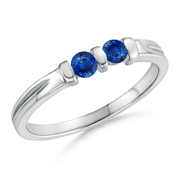 3mm AAA Round Two Stone Blue Sapphire Ring with Bar Setting in White Gold