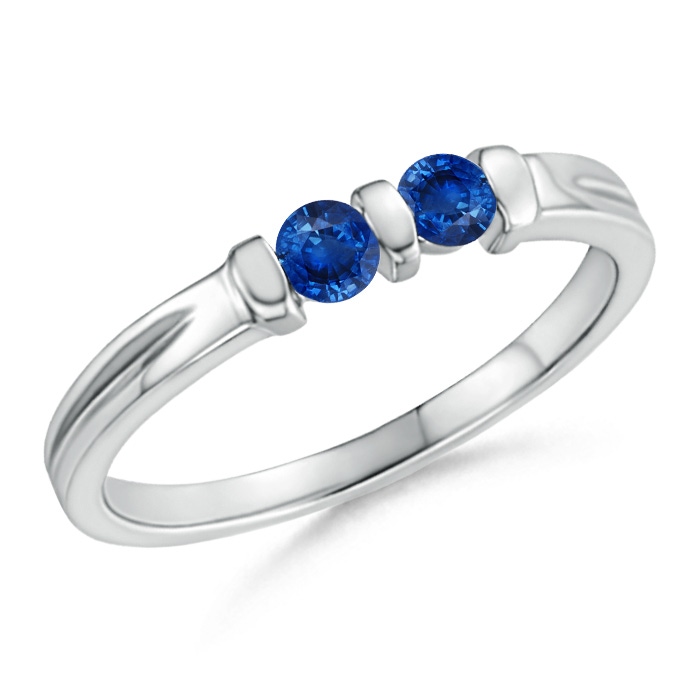 3mm AAA Round Two Stone Blue Sapphire Ring with Bar Setting in White Gold 