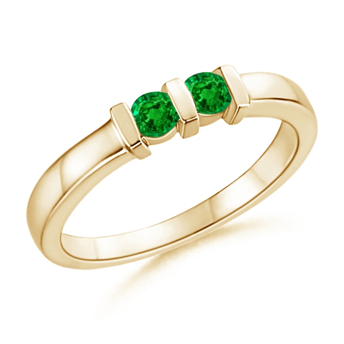 3mm AAAA Round 2 Stone Emerald Ring with Bar Setting in Yellow Gold