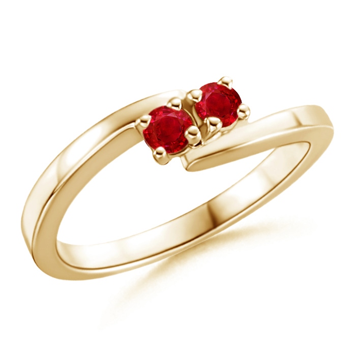 3mm AAA Classic Two Stone Round Ruby Bypass Ring in Yellow Gold
