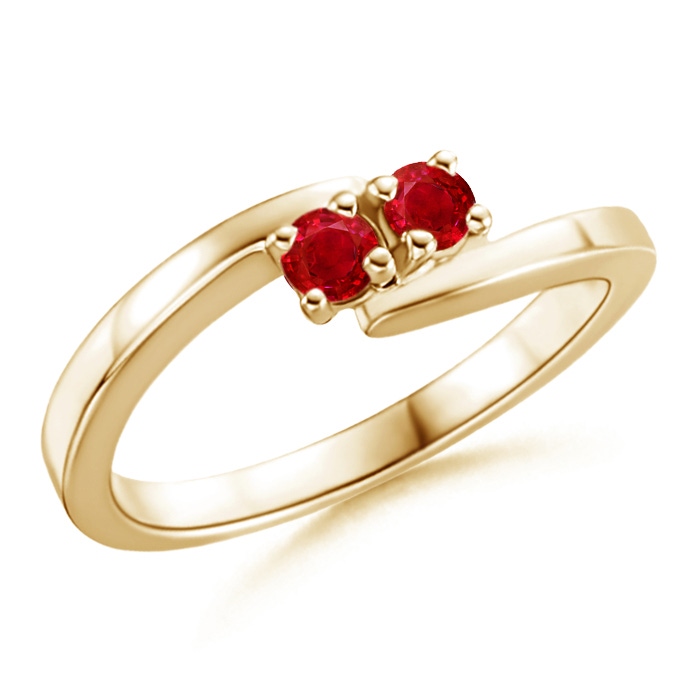 3mm AAA Classic Two Stone Round Ruby Bypass Ring in Yellow Gold 