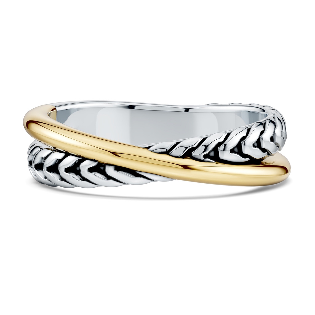5.5 Oxidized Sterling Silver and 18K Yellow Gold Criss-Cross Comfort Fit Band in  Sterling Silver & 18K Yellow Gold
