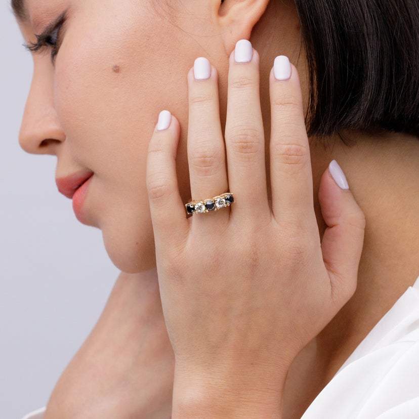 Half Eternity Five Stone Enhanced Black and White Diamond Wedding Ring