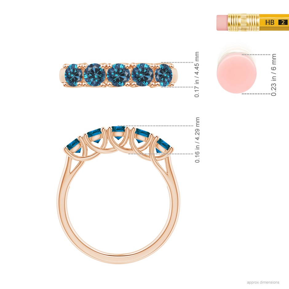 3.8mm AAA Half Eternity Five Stone Enhanced Blue Diamond Wedding Ring in Rose Gold ruler